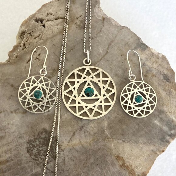 Sterling Silver Openwork Round Mandala Trinity Star Chrysocolla Dangle Earrings - Picture 12 of 16